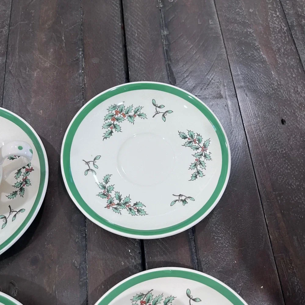 Spode Christmas Tree Teacup and Saucer Set of 4 Made in England S3324 Green Trim